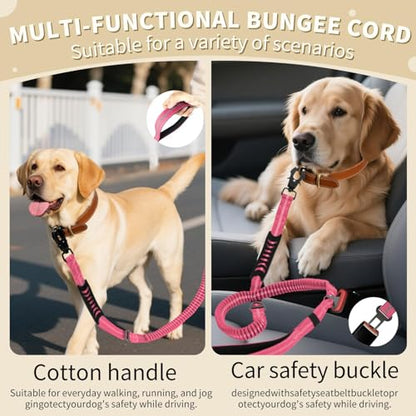Heavy Duty Tactical Dog Leash, 4-6FT Shock Absorbing Bungee Lead with 2 Padded Handles, Metal Carabiner & Seatbelt Clip, Reflective No-Pull Leash for Medium/Large Dogs (Pink) - color: Pink