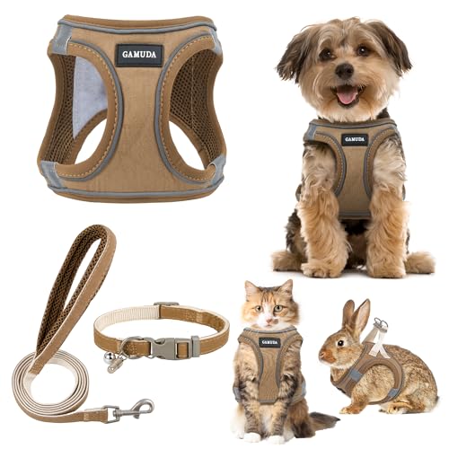 Small Pet Harness Collar and Leash Set, Step in No Chock No Pull Linen Fabric Soft Mesh Dog Vest Harnesses Reflective for Dogs Puppy Cats Kitten Rabbit (Brown, L) - color: Brown, size: Large