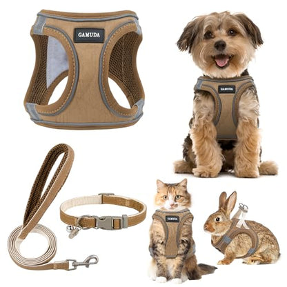 Small Pet Harness Collar and Leash Set, Step in No Chock No Pull Linen Fabric Soft Mesh Dog Vest Harnesses Reflective for Dogs Puppy Cats Kitten Rabbit (Brown, L) - color: Brown, size: Large