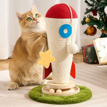 Cat Scratching Post, Rocket Cute Sisal Cat Scratcher with Durable Solid Wood Turntable Toy, Cat Scratch Post Red Cat Scratcher with Spinning Star Toy for Indoor Adult Cats - color: Red Rocket
