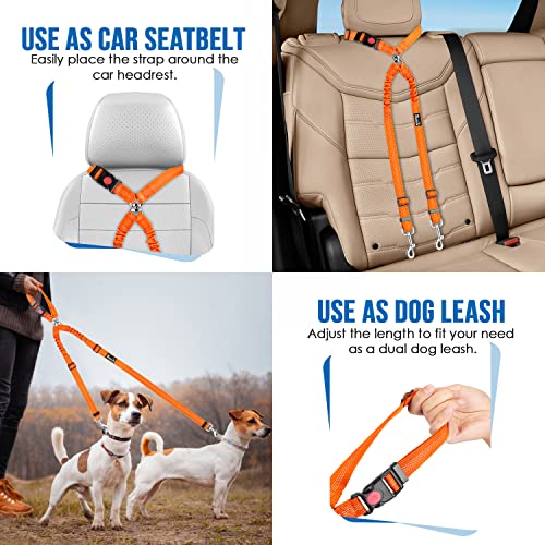 Lukovee Double Dog Seat Belt, New Dual Pet Car Headrest Restraint Safety Seatbelt No Tangle Dog Leash Duty Adjust Elastic Bungee Puppy Lead Splitter Connect Harness in Vehicle Travel for 2 Dogs (OR) - color: Orange