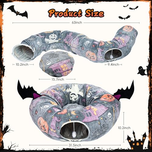 Tidjani Cat Tunnel Bed, Cat Tunnels for Indoor Cats with Bat Wings, Foldable Pet Donut Bed with Middle Mat and Dangling Balls, Pet Play Tunnel Toy with Ghost, Spider Web Pattern for Kittens - style: Gray Bat Wings