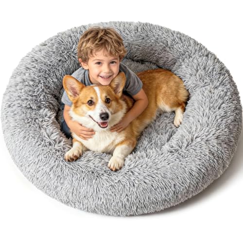 Extra Large Donut Calming Dog Bed with Orthopedic Memory Foam Dogs,42 Inch Pet Bed Cuddler Anti Anxiety with Comfort Cooling Gel,Removerable Waterproof Round Plush Cover Sofa for Machine Washable,Grey - color: Grey, size: 42"x42"x8"