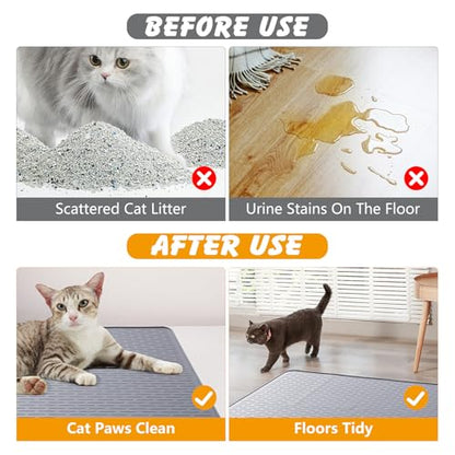Silicone Cat Litter Mat, 34x22 in Waterproof Litter Box Mat Cats Feeding Mats with Raised Edges, Quick Clean Desig (Grey) - size: 34"L x 22"W