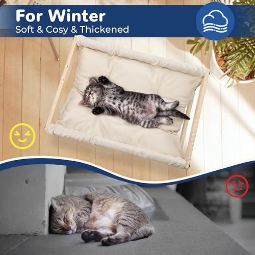 Cat Bed with Removable Washable Cushion, 9.5" Elevated Wooden Cat Hammock Bed, 360° Visibility Dog/Cat Cot with Cozy Winter Pads for Kitty, Puppy, Rabbit and All Pets - color: Cream Color (Thick)