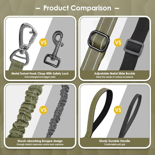 AUBELL Tactical Dog Leash Heavy Duty,4-6ft Reflective Strong No Pull Bungee Leash for Medium Large Dogs with Comfortable Padded Double Handle,Car Seat Belt,360 Degree Rotating Carabiner,Green - color: M/L-Green(4-6FT)