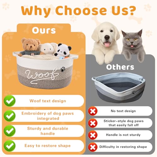 Woof Dog Toy Basket with Handles, Large Dog Toy Storage Bin with Paw Print, Woven Dog Basket for Blankets, Toys, Chews, Pet Toy Box for Nursery, Living Room, Bedroom, 17”x12”x9, Brown - color: Brown