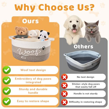 Woof Dog Toy Basket with Handles, Large Dog Toy Storage Bin with Paw Print, Woven Dog Basket for Blankets, Toys, Chews, Pet Toy Box for Nursery, Living Room, Bedroom, 17”x12”x9, Brown - color: Brown
