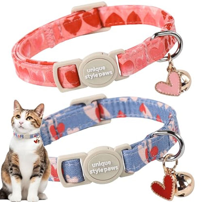 Unique style paws 2 Pack Valentine's Kitten Collar Breakaway with Bell&Pendant, Adjustable Safety Red Lip Rainbow Cat Cotton Collar for Girl Boy Cat and Small Pet - color: painting blue pink love