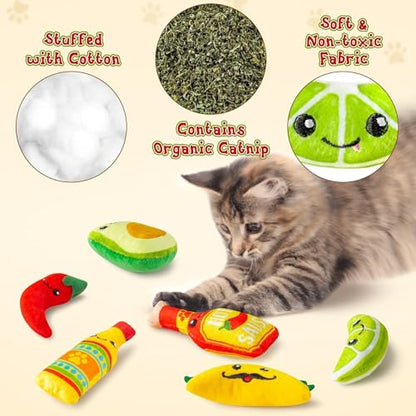 Mexican Catnip Stuffed Toys - 6Pcs Pet Days Mexican Carnival Funny Cat Toys for Cat Lovers Gifts, Cute Taco Hot Sause Avocado Lime Indoor Kitten Chew Bite Kick Interactive Pet Supplies - style: Mexican Carnival Taco Hot Sause Chili Avocado Lime