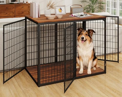 Yafylly 48" Dog Crate Furniture for Medium Large Dogs, Indestructible Large Dog Kennel Indoor with 3 Doors, Wooden Dog Cage Side End Table, Heavy Duty XL Dog Crate, Brown - color: Brown with 3 Doors, size: 48in