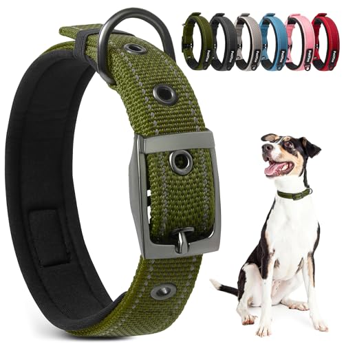 Dog Collars for Small Dogs, Neoprene Padded Dog Collar, Reflective Heavy Duty Pet Collars with Durable Metal Belt Buckle for Walking, Green, S - color: Green, size: Small (11"-14.5")