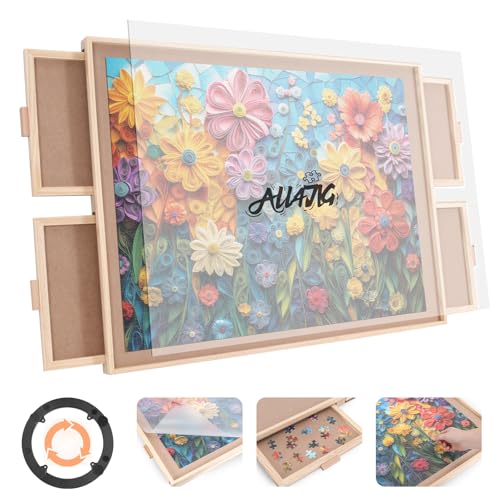 ALL4JIG 2000 Piece Rotating Puzzle Board with 4 Drawers and Cover, 28.5"x40.16"Portable Wooden Jigsaw Puzzle Table for Adults Portable, Lazy Susan Spinning Boards Birthday Gift for mom - color: Natural Wood-4 Drawers, size: Large-2000pcs