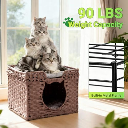 Handwoven Rattan Cat House w/ 2 Cushions, Wicker Cat Bed Indoor Kitten House, Waterproof & Foldable Pet Cube Bed, Brown, 16.5”L x 16.5”W x 12.6”H - color: Brown