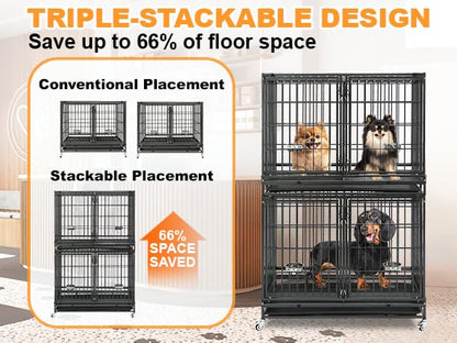 Homey Pet 43 Inch Two Tiers Dog Crate Cage Kennel with Divider, Stackable Heavy Duty Dog Crate for Large Dogs, Escape Proof Indestructible Dog Kennel Indoor with Removable Tray, Lockable Wheels - size: 43"L - 2 Tiers