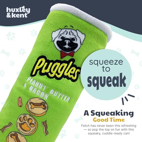 Huxley & Kent Funny Dog Toy w/Squeaker – Power Plush Squeaky Dog Toys for Small, Medium & Large Dogs – Soft Stuffed Animal for Indoor Play & Fetch - Puggles Can, Small - size: Small, style: Puggles Can