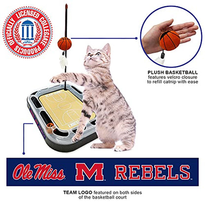 Cat Scratch Toy NCAA Mississippi Ole Miss Rebels Reversible Basketball Court Felt/Cardboard Cat Scratcher Toy. Interactive Cat Ball Bell. 6-in-1 CAT Toy: Cat Wand Poll Catnip-Filled Plush Basketball - color: Mississippi Ole Miss Rebels
