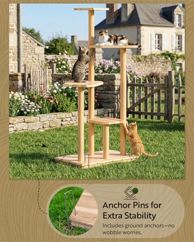 Outdoor Cat Tree, 60" Tall Cat Tower Weatherproof for Patio,Balcony,Garden, Durable 4-Tier Natural Wood w/Scratching Posts for Multiple Cats,Outside&Indoor Adult Cats and Kittens Play, Climbing