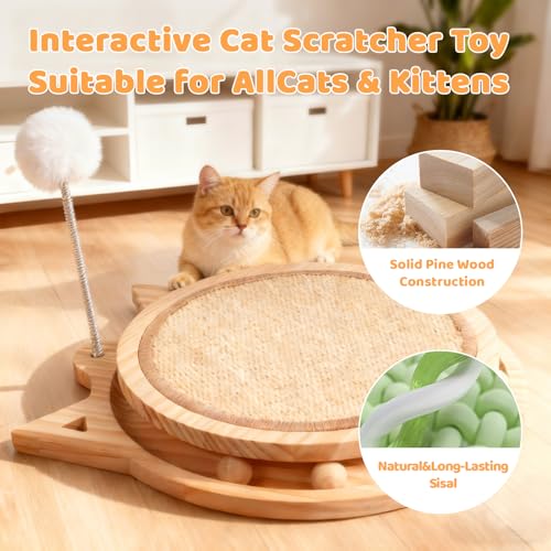 Sisal Cat Scratcher with Ball Track and Spring Toy 3 in 1 Wooden Interactive Cat Toys Cat Scratchers for Indoor Cats and Kitty - style: Single-layer