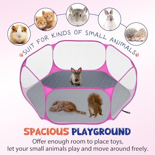 Pawaboo Small Animals Playpen with Pad, Waterproof Small Pet Cage Tent with Reusable Pad, Portable Outdoor Yard Fence for Chick/Kitten/Puppy/Guinea Pig/Rabbits/Chinchillas, Pink + Gray - color: Pink + Gray