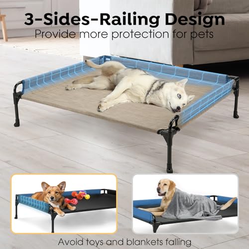 Veehoo Elevated Raised Dog Bed - Cooling Outdoor Dog Cot with Three-Sided Fence & Durable, Breathable Mesh - No-Slip Feet - 41" x 27" - Beige Coffee