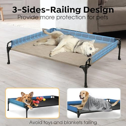 Veehoo Elevated Raised Dog Bed - Cooling Outdoor Dog Cot with Three-Sided Fence & Durable, Breathable Mesh - No-Slip Feet - 41" x 27" - Beige Coffee