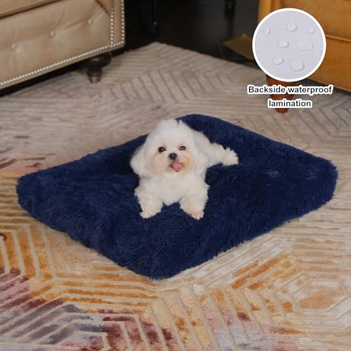 Bedfolks Waterproof Crate Bed, Plush Dog & Cat Kennel Pad with Removable Cover, Fluffy Washable Faux Fur Bed, 17"x12", Solid Dark Blue - color: Solid Dark Blue, size: XX-Small(17x12'')