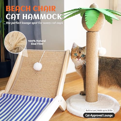 PETKARAY Beach Chair Cat Hammock, Elevated Cat Beds for Indoor Cats, Original Cozy Lounger with Sisal Scratcher and Toy Ball - color: Blue