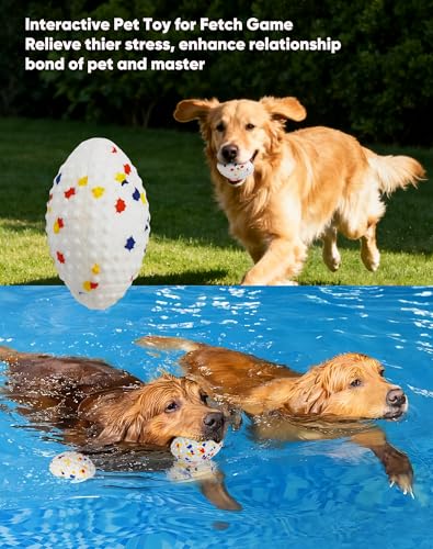Deeow 2 Pack Water-Floating Squeaky Dog Toys for Fetching Game, ETPU White Rugby Ball Pet Toys, Durable Beach and Pool Toys for Interactive Game, Non-Toxic Puppy Toy Ball for Outdoor Fun