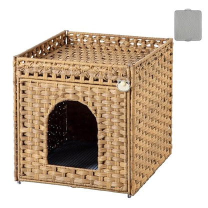 SETVSON Cat Litter Box Enclosure Furniture, Hidden Litter Box with Mat and Fence, Handwoven Rattan Cat House with Two S-Shaped Hooks for Living Room, Bedroom, 18.5 x 20.5 x 19.1 Inches (Natural) - color: Natural, size: Standard