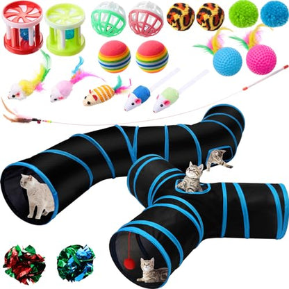 Poen 22pcs Cat Kitten Toys Set with 2 Collapsible Cat Tunnel and 20 Interactive Kitty Feather Toy, Fluffy Mouse, Crinkle Balls, for Kitten Puppy(Blue, Black) - color: Blue, Black