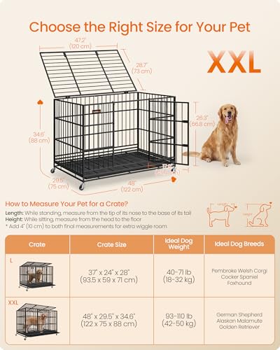 Feandrea Heavy-Duty Dog Crate, 5-Minute Quick Assembly, Foldable Dog Kennel Cage with Lockable Wheels, Double Doors, Escape Proof Fixed Bottom, Removable Tray, Easy to Clean, Ink Black, 48 Inch - size: 48.0"L x 29.5"W x 34.6"H