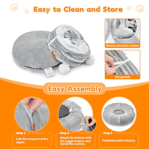 Cat Tunnel Bed for Indoor Cats 35.5 Inch XL Cat Donut Tunnels Cute Tubes Round Pet Play Tunnel Toy for Kitten Puppy Rabbit with Washable Circle Cushion Grey