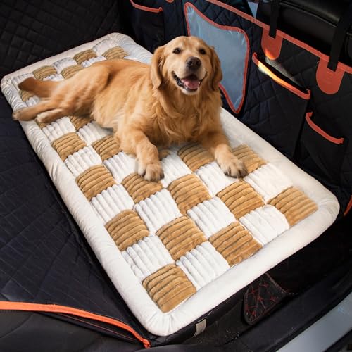 Dog Bed for Car Back Seat Soft Plush Backseat Pet Bed Mat Non-Slip Travel Pet Mat, Fuzzy Plaid Dog Seat Cover, Fit for Backseat Extenders and Trucks SUVs (Brown and White, 54" x 24.8") - color: Brown and White