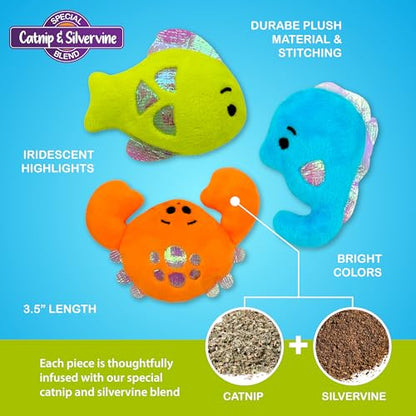 Pounce & Purr® Plush Cat Toys, Catnip & Silvervine Infused, Shiny Iridescent Accents, Interactive Play Toys for Cats & Kittens (Colorful Seashine Series) - color: Seashine
