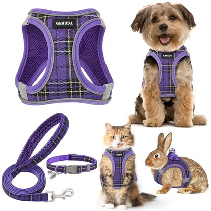 Small Dog Harness Collar and Leash Set, Step in No Chock No Pull Soft Mesh Adjustable Dog Vest Harnesses Plaid Reflective for Dogs Puppy Cats Kitten Rabbit (Purple, XS) - color: Purple, size: XS