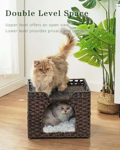 SETVSON Cat Beds Indoor Kitten House, Handwoven Rattan Cat Cave Pet Cube, Large Cat Houses, One Bed Mat, Foldable, Hideaway, 16.5x16.5x13.2 Inches, 2 S-Shaped Hooks in Living Room Bedroom Brown - color: Brown, size: Rectangle-M
