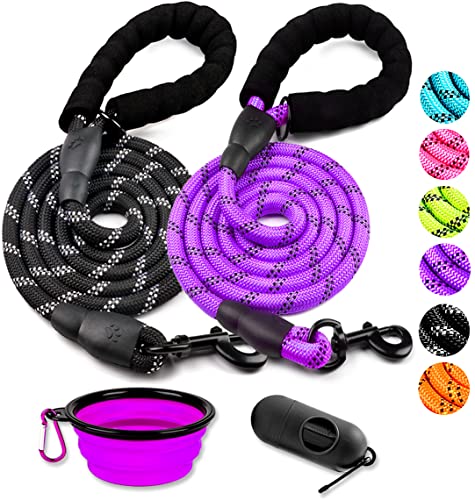 2 Pack Dog Leash 6 FT Heavy Duty - Comfortable Padded Handle - Reflective Dog Leash for Medium Large Dogs with Collapsible Pet Bowl Set 3-Black+Purple - color: Set 3-Black+Purple, size: 1/2"x 6 FT (18~120 lbs.)
