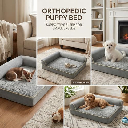 Orthopedic Small Dog Bed for Small Dogs 20 x 16Inch, L Shaped Memory Foam Puppy Pet Bed with Sides, Washable Dog Couch Sofa with Removable Velvet Cover & Non-Slip Bottom, Gray - size: 19.7" L x 15.8" W x 4.4" H--With sides