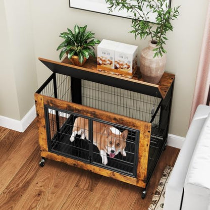 PETSITE Portable Dog Crate Furniture, 38 Inch Wooden Dog Kennel Side Table with Flip-up Top, 3 Lockable Doors and Removable Tray, Ideal for Small to Medium Dogs (Rustic Brown) - color: Rustic Brown
