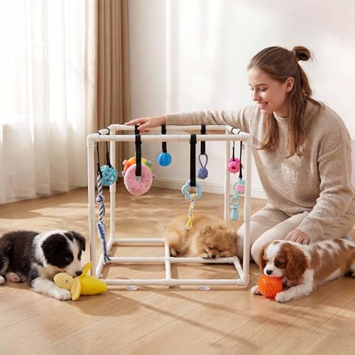 Puppy Play Gym with 15 Teething Toys, Indoor Jungle Gym with Puppy Toys to Keep Them Busy for Mental Stimulation, 23.2" Small Dog Play PVC Frame with Straps and Storage Bag