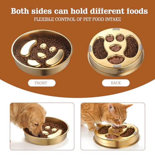Golden Stainless Steel Slow Feeder Dog Bowls – Non-Slip Metal Dog Bowl for Large & Medium Breeds, Puppy Puzzle Feeder – 2 Cup Capacity for Small to Big Pets – Durable Slow Feed Dog & Cat Food Dish - color: Face-Golden