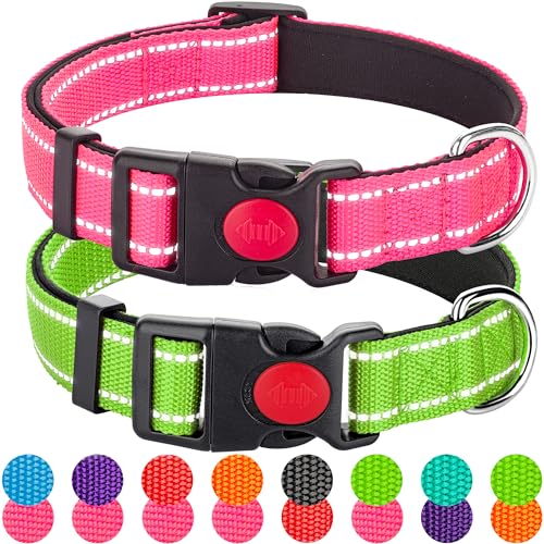 2 Pack Reflective Dog Collars for Medium Large and Small Breed Dogs Male Female,Padded Soft Durable Nylon Neoprene Collar for Puppy Dogs Girl Boy with Quick Release Safety Buckle,Pink,Green,S - color: Pink&Green, size: S
