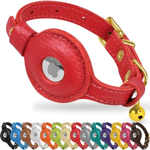 OOPSDOGGY Leather AirTag Cat Collar with Bell - Non Breakaway Kitten Collar with Apple Air Tag Holder - Lightweight GPS Pet Collars for Girl Boy Cats, Small Dogs, Puppies (Red) - color: Red