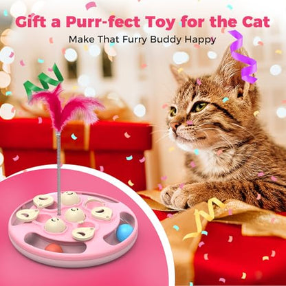 3 in 1 Cat Treat Puzzle Feeder, Level 3 Interactive Cat Puzzle Toy with Track Balls, Feather Teaser & Slow Feeder Insert, Non-Slip Base, Mental Stimulation for Bored Indoor Cats, Pink - color: Pink