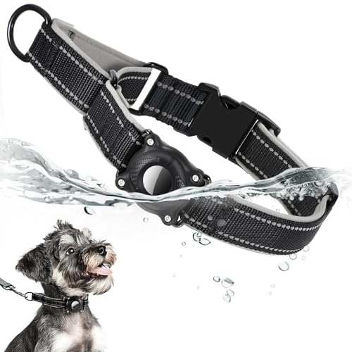 Airtag Dog Collar, Reflective Martingale Dog Collar with IP68 Waterproof Airtag Holder, Quick Release Buckle Soft Padded Collars for Small Dogs, Black - color: Black Gray, size: XS(10"-12")