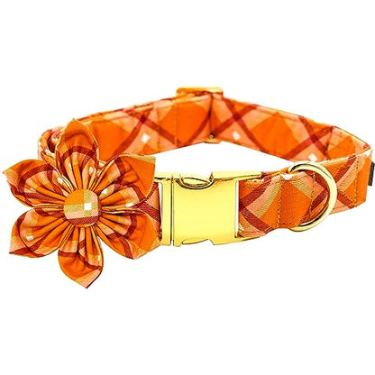 Dog Collar, Fall Dog Collar with Flower Plaid Pet Collar Flower Puppy Collars Cute Pet Adjustable Collar for X-Small Puppy - color: Pumpkin Plaid, size: X-Small (Pack of 1)