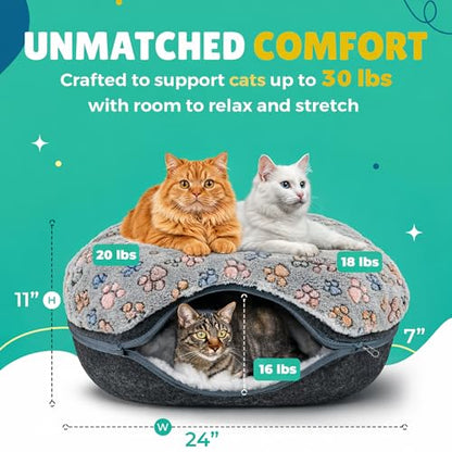 RINGTAIL Peekaboo Cat Cave Donut for Multiple & Large Cats Up to 30-45 lb, 3-in-1 Self Warming Cat Bed Tunnel with 2 Soft Fluffy Fleece Pet Blankets, Scratch, Detachable & Washable (Dark Gray, Large)