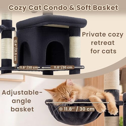 Heybly Cat Tree, 56-Inch Multi-Level Easy Climb Tower for Large Cats, Cat Furniture with 2 Perches, Cozy Hammock, Spacious Condo & Cat Basket, Durable Sisal Scratching Posts, Smoky Gray HCT028G - color: Smoky Gray