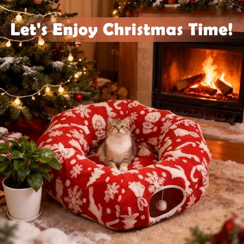 Cat Tunnel Christmas Tree Skirt for Indoor Cats with Bed,Christmas Cat Tunnel Peekaboo Cave Play Christmas Tree Cat Tunnels,Cute Cat Donut Toys Tunnel Skirt Hideout Under Tree (Red 2) - color: Red 2